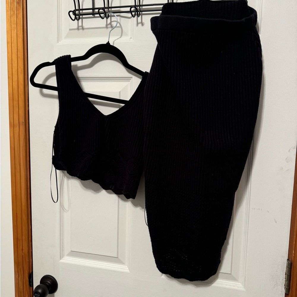 Black Ribbed Knit Tank and skirt Set